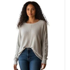 Sioni Gray Lace Long Sleeve Crewneck Lightweight Cashmere Mix‎ Sweater  Med